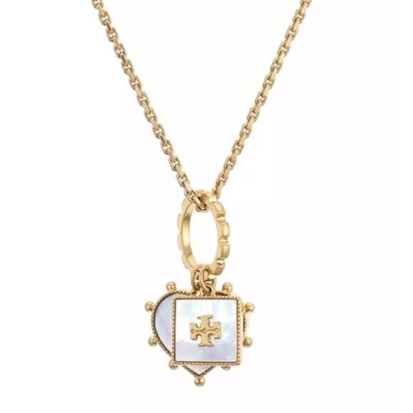 New Tory Burch Gold Mother Of Pearl Sqaure,Heart Necklace - Picture 4 of 10